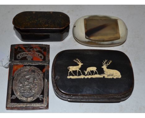 A horn snuff box, 7 cm wide, another snuff box, a purse, with inlaid two stags and a deer, and a cardcase (4)