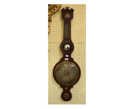 A 19th century mahogany barometer and thermometer, with dry/damp dial, mirror and level, 104 cm high (finial damaged) 