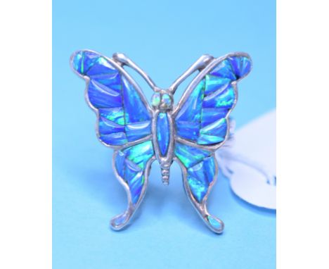 A silver and opal ring, in the form of a butterfly, approx. ring size Q Condition report Modern