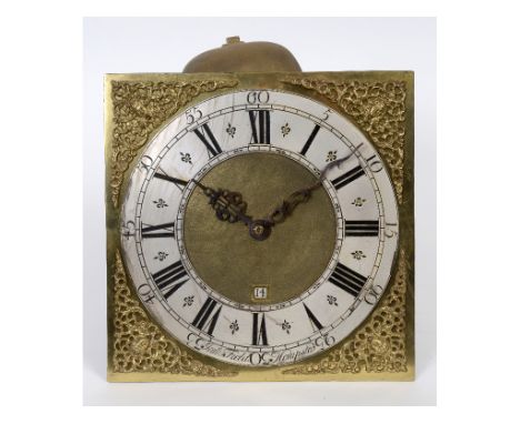 A longcase clock dial and movement, the 28 cm square brass dial with silvered chapter ring and date aperture, signed Jams Fie