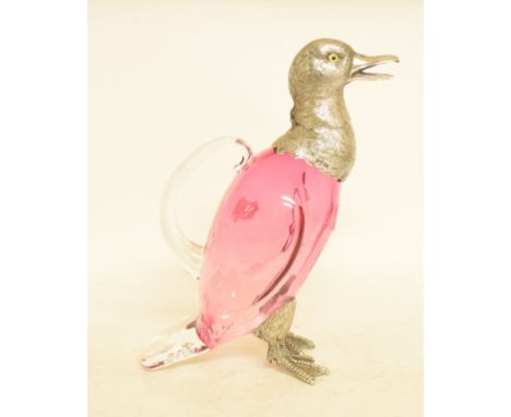 A novelty ruby glass decanter, with plated mounts, in the form of a duck, 28 cm high  Condition report Modern