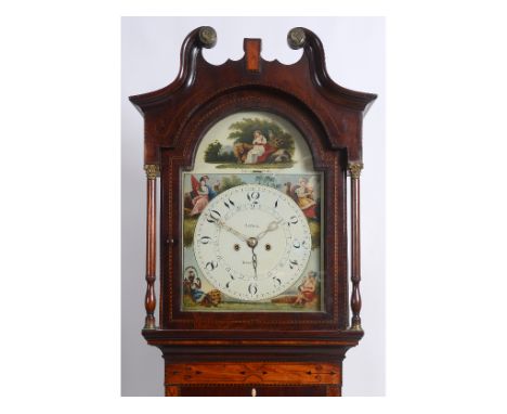 A longcase clock, the 41 cm square arched painted dial, with Arabic numerals and a calendar dial, signed Lowe, Beeston, the s