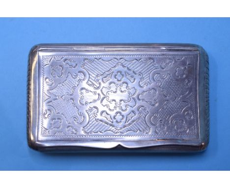 A Continental silver coloured metal snuff box, with engraved decoration, the interior inscribed approx. 4.9 ozt (all in), 13.