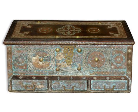 A Zanzibar style chest, with studwork decoration, 95 cm wide  See illustration   Condition report  report by GHDepth is 44 cm