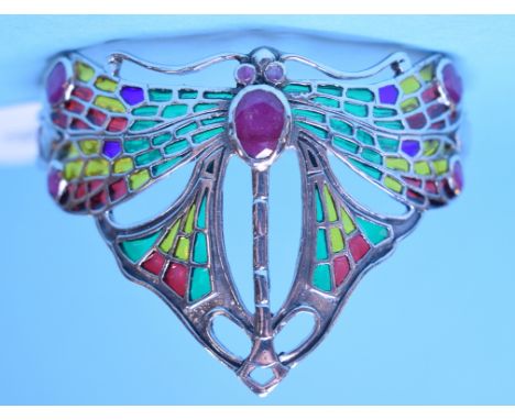 A silver and enamel dragonfly bangle, set rubies Condition report Modern