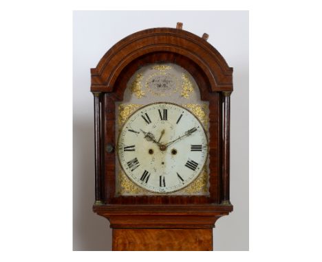 A longcase clock, the 32 cm square arched painted dial, having two subsidiary dials, Roman and Arabic numerals, signed Rich M