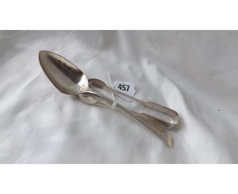 Geo. O.E. crested table spoon Lon 1819 by WE &amp; WF also a pair of sugar tongs 110g.     