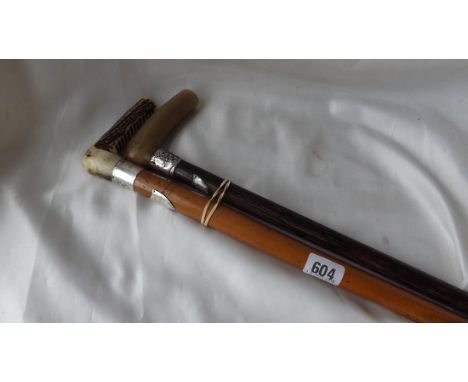 Horn handled silver mounted walking stick also another  