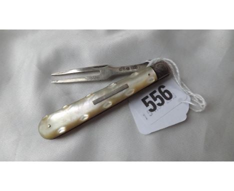 Vic. folding fork with MOP handle B'ham 1895 by HT  3.5” long         