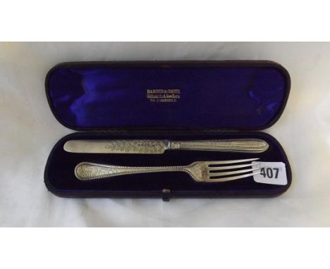 Vic christening fork and knife with beaded edges Lon  1881 by GA         