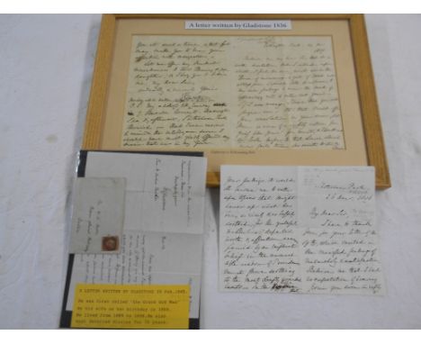 GLADSTONE, William  4 pp. ALS to R. Hemming in glazed frame, 1836, plus 2 other ALS from Gladstone Dec. 1836 &amp; Feb. 1845 