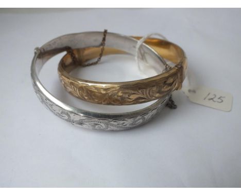 Engraved silver hinged bangle and  a RG hinged bangle       