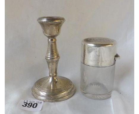 A circular candle stick 4” high B'ham by  B &amp; Co also a salts jar       