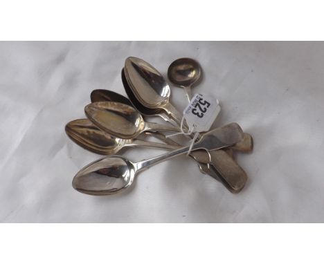 Exeter set of 6 fiddle pattern tea spoons and an Exeter salt  spoon 1844 by RW 145g.      