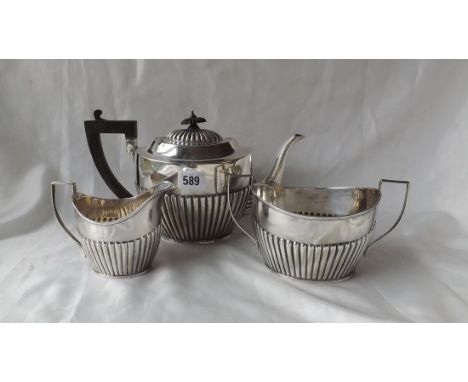 3 PIECE BOAT SHAPED HALF REEDED TEA  service 11” over spout B'ham 1902 by JS &amp; S 910g.   
