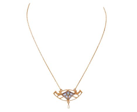Jugendstil Collier mit Opal und transluzentem Fensteremail, abhängende Perle evtl Zuchtperle (sekundär), RSG 9K, 4 g, L: 41 c
