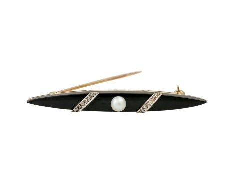 Art Déco Nadel mit Onyx, Zuchtperle und Diamantrosen gefasst in Platin, ansonsten GG 14K, 4,8 g, L: 4,5 cm, Onyx in Schiffche