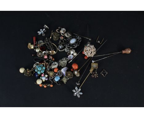 A quantity of jewellery including earrings, most stone set and a quantity of stick pins, some items are marked for silver, mo