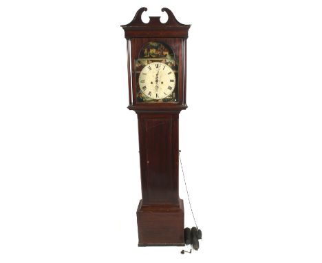 A 19th century Scottish eight day longcase clock. The 14" dial with Roman numerals and two subsidiary seconds dials, painted 