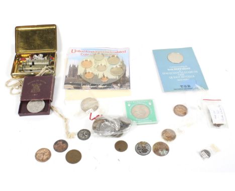 A selection of coins plus three Hudson Metropolitan police whistles. The small group of coins mostly modern including £5 (2),