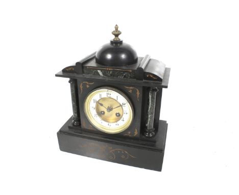 A vintage French L P Japy & Co. Ltd marble mantel clock. Movement no. 3822, striking a gong. White enamel chapter ring with A