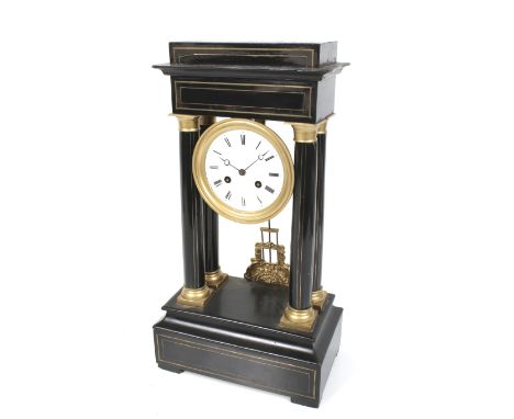 An ebonized case portoco 8 day striking mantel clock. White enamel dial, painted Roman numerals and ormolu pendulum. Stringin