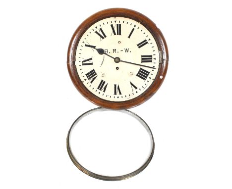 A 'B R - W' oak cased fusee wall clock. LMS #10516. Enamel dial with black painted Roman numerals. There is a small oval copp