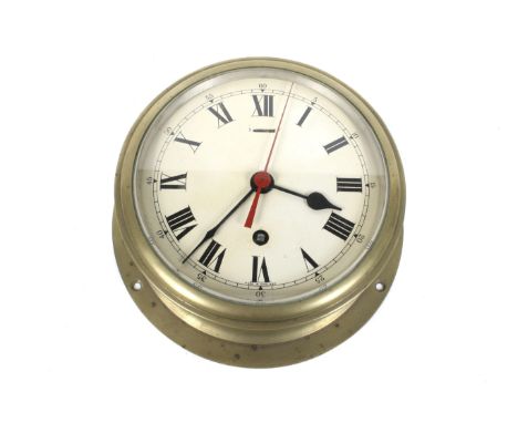 A mid century F W Elliott Ltd brass ships bulkhead clock. S/n. 21B/829. Enamel dial, painted Roman numerals, Arabic minute ma