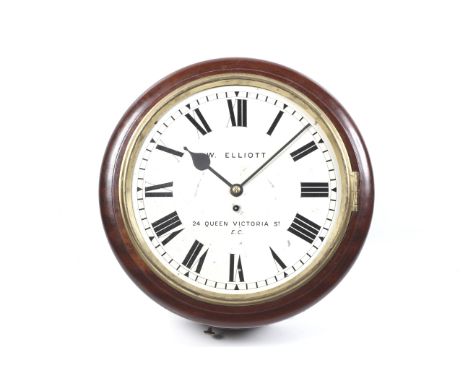 A vintage 'school' pendulum wall clock W Elliott. Mahogany case with Roman numerals. Queen Victoria St. E. C. Diameter 46cm