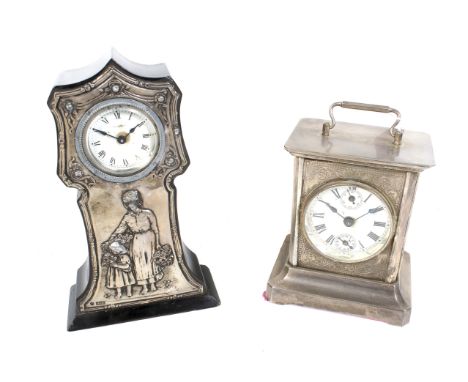 Two assorted vintage mantel clocks. Including an Ansonia USA timepiece in a drum case set in an Art Nouveau hallmarked silver