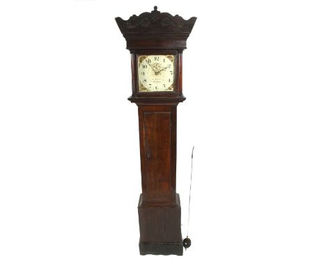 A 'James Bucknell, Crediton', thirty hour long case clock. Square enamel dial, black painted Arabic numerals and minute marke