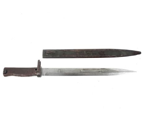 A possibly WWII bayonet with steel scabbard. Total length 45cm