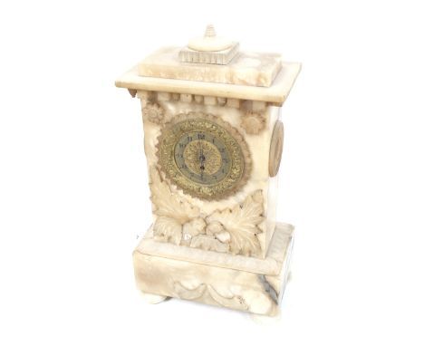 A vintage alabaster cased mantel clock with a pocket watch movement. Inscribed 'J. Byfield, London, 4150'. With floral and ar