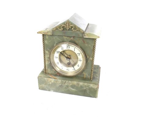 A Jules Roles Ltd, Paris movement green onyx marble mantel clock. Ormulu decoration, white chapter ring with painted Arabic n