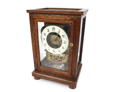 A pendulum mantel clock with a fusee chain drive. In a later glass and oak case. With a white enamel dial and Arabic numerals