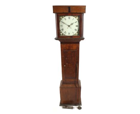 A 19th Century thirty hour long case clock. The 12" square painted enamel dial featuring Roman numerals and floral details, w