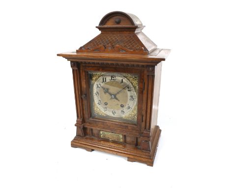 Local Interest - an Edwardian striking mantel clock. Double gong. Brass dial with silver chapter ring, Arabic numerals and sp