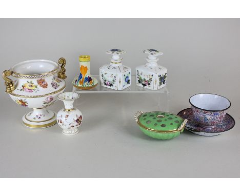 A pair of porcelain scent bottles and a miniature Clarice Cliff vase in Crocus pattern, together with four other items includ