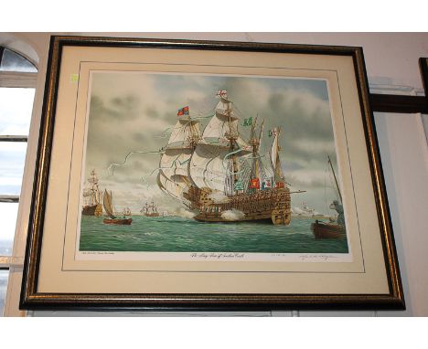 Mark R Myers RSMA (20th century), two nautical colour prints, 'The Mary Rose off Southsea Castle' and 'The Ark Royal Engages 