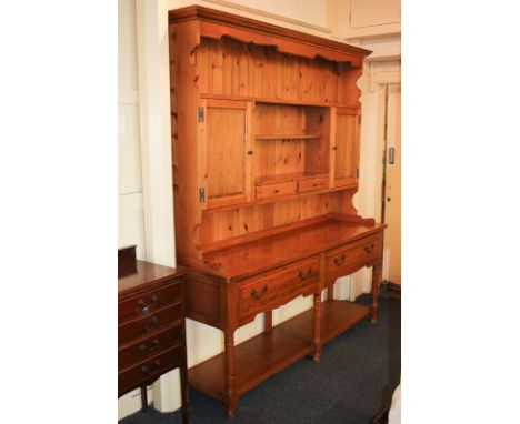 A Younger Furniture modern pine dresser, with shelf back and cupboards on base with two drawers and pot board, purchased from