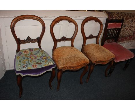 A pair of Victorian balloon back chairs on cabriole legs, another similar chair with tapestry seat and a single chair with up