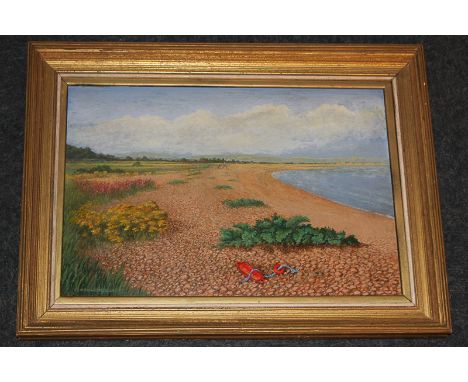 Kenneth Child, local interest, figure playing with a dog on a shoreline with buoy and rope in the foreground and distant hill