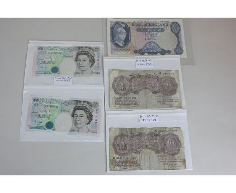 Two H O Peppiatt issue ten shilling notes, an L K O'Brien five pound note and two G E A Kentfield five pound notes, consecuti