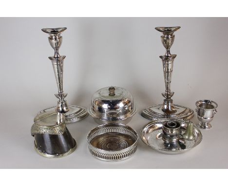 A pair of silver plated Georgian style candlesticks of oval form, together with a wine coaster, muffin dish, chamber stick, h