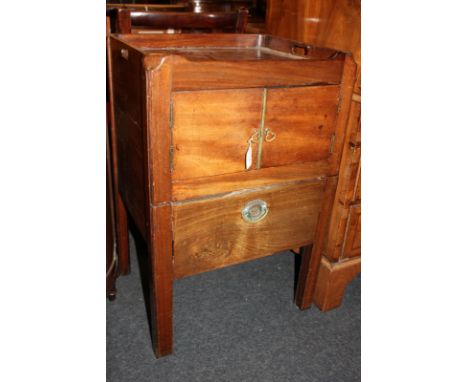 A George III mahogany tray top commode with cupboard and slide-out base, with pot and cover, 50cm