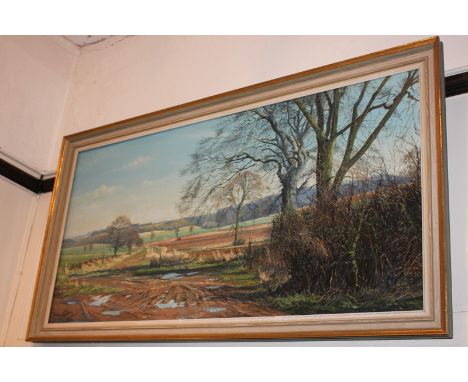 Hubert J Squires (20th century), rural landscape with tractor in a muddy field beneath blue skies, Ickneild Way near Lilley, 