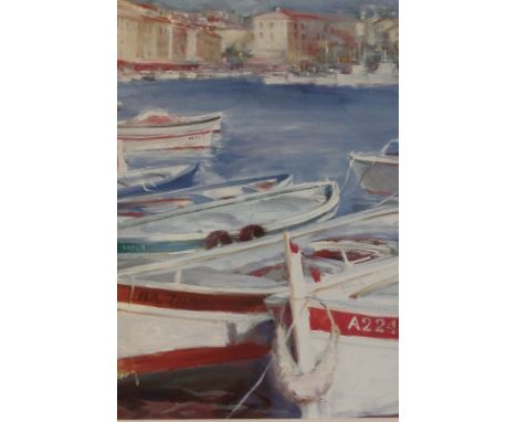 R Tolar, boats moored at harbour with city buildings beyond, watercolour, signed, 40.5cm by 30cm