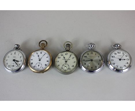 Five open faced pocket watches, makers include Timex, Thorian Lever and Ingersoll, in base metal cases