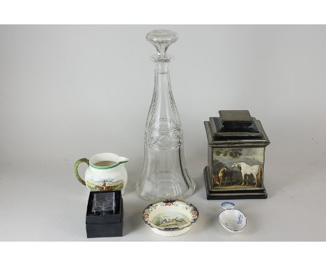A Copeland Spode fox hunting jug, 'Leaping the brook' and 'Taking the lead', a Royal Doulton porcelain dish, a cut glass deca