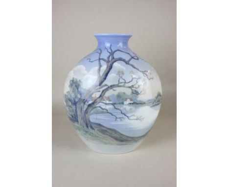 A Bing & Grodnertal Copenhagen porcelain vase, 20th century, of moon flask shape with lake scene decoration, stamped at base 